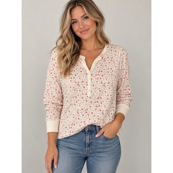 L.L. Bean Tops - L.L. Bean Women's Cream Floral Thermal Button Henley Top Shirt Size Large